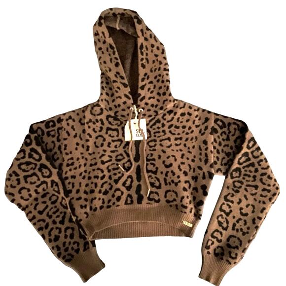 SER.O.YA Cropped Hoodie Cheetah Print Jacquard Women's Small Parson Revolve NWT